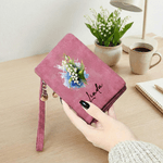 Gepersonaliseerde Geboortebloem PU Lederen Tri-Fold Portemonnee met Polsbandje en Naam Moederdag Verjaardagscadeau voor Mam Oma