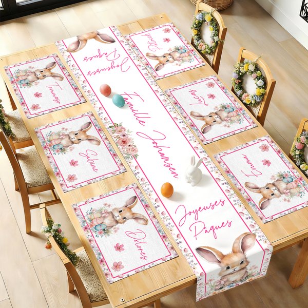 Ensemble chemin de table personnalisé avec motif lapin de Pâques et nom - Style aquarelle - Cadeau Pâques pour famille