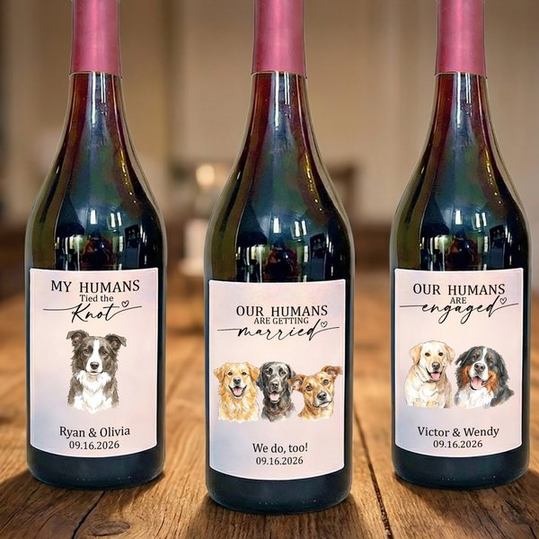 Personalized Watercolor Pet Portrait Wine Bottle Sticker Labels with Text and Date Anniversary Engagement Wedding Party Favors for Newlyweds Couples