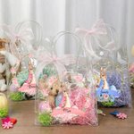 Personalized Beatrix Potter Peter Rabbit Wreath Transparent Tote Bag with Pink Bow and Name Eggs Hunting Party Easter Gift for Boys Girls