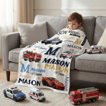 Personalised Cartoon Police Car Fire Lorry Ambulance Multicolor  Soft Throw Blanket with Name Home Decor Daily Use Birthday Gift for Children