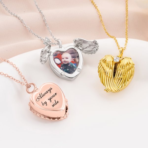 Personalizada delicada Angel Wings Corazón Foto Urna Collar para cenizas con texto grabado Cremación Joyería Memorial Regalo para las mujeres