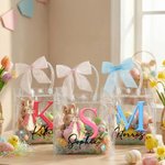 Gepersonaliseerd Transparant Cadeauzakje met Schattige Pieter Konijn met Initiaal Naam en Striklint Paasfeest Cadeautje voor Kinderen