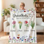 Personalized 1-6 Crystal Birth Flowers Soft Throw Blanket with Names Home Decor Mother's Day Gift for Grandma
