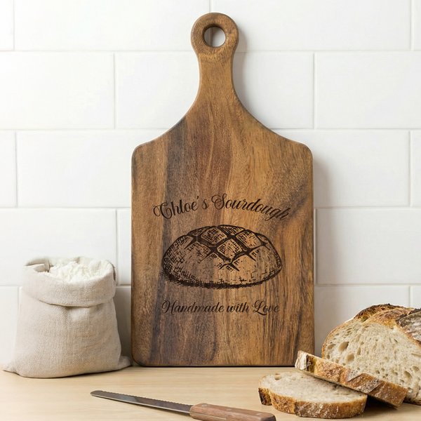 Personalised Exquisite Sourdough Cutting Board with Paddle Handle and Name Birthday Housewarming Mother's Day Gift for Bakers Sourdough Enthusiasts