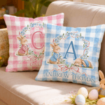 Personalized Cute Bunny Wreath Grid Soft Throw Pillow Cover with Name Room Decor Easter Party Gift for Boys Girls
