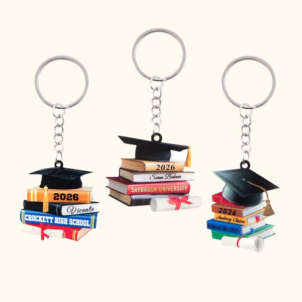 Personalised 3D Effect Graduation Cap Book Keychain Bag Charm with Name and Year Class of 2026 Graduation Gift for Graduates