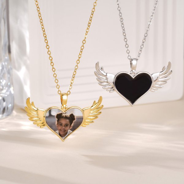 Personalized Angel Wings Photo Necklace with Text Memorable Jewellery Birthday Anniversary Gift for Women