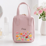Personalized Birth Flower PU Leather Handheld Makeup Bag with Name Birthday Anniversary Easter Gift for Woman Best Friend Mom