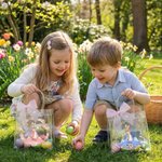 Personalized Beatrix Potter Peter Rabbit Wreath Transparent Tote Bag with Pink Bow and Name Eggs Hunting Party Easter Gift for Boys Girls