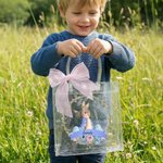 Personalized Beatrix Potter Peter Rabbit Wreath Transparent Tote Bag with Pink Bow and Name Eggs Hunting Party Easter Gift for Boys Girls