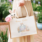 Personalizzato Uovo di coniglio carino Borsa di iuta grande con nome Regalo di festa per bambini e bambine a caccia di uova di Pasqua