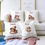 Housse d'Oreiller Personnalisée avec Nom Date Texte et Motif Lapin Ours Dormant Animal Doux Décoration d'Intérieur Cadeau d'Anniversaire pour Enfants
