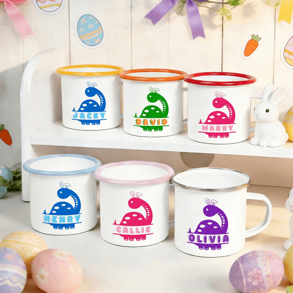 Personalized Cute Bunny Ears Dinosaur 12 oz Enamel Mug with Name Easter Day Gift for Kids Dinosaur Lovers