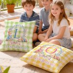 Personalised Cute Bunny Wreath Grid Soft Cushion Cover with Name Room Decor Easter Party Gift for Boys Girls