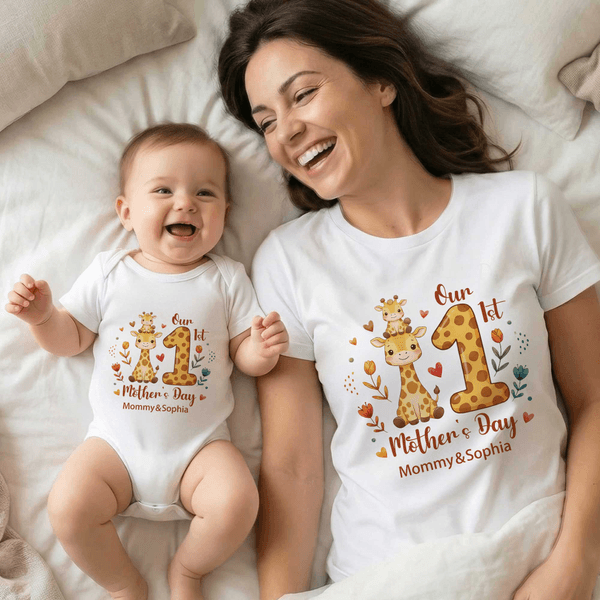 Personalized Flower Heart Cute Animal Mom Baby Floral Heart 100% Cotton T-shirt Baby Bodysuit with Names 1st Mother's Day Gift for Baby Mom