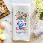 Gepersonaliseerde Schattig Konijn Blauw Wit Porseleinen Patroon Paasei Theedoek met Tekst Dagelijks Gebruik Paasgeschenk voor Familie Vrienden