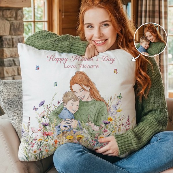 Personalizzato acquerello dipinto a mano in stile foto copertina del cuscino con nome Home Decor Regalo per la festa della mamma per la donna