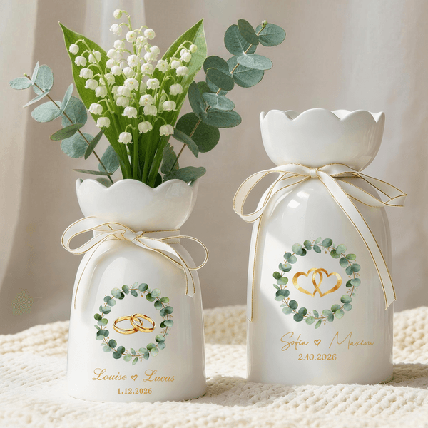Personalisierte Aquarell Eukalyptus Herz Ring Keramik Vase mit Name Text Datum Geburtstag Jahrestag Hochzeit Geschenk für Paar Newlyweds