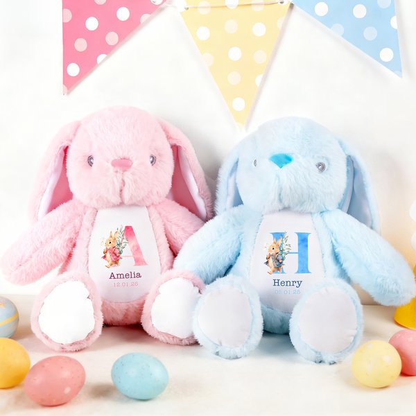 Personalized Cute Watercolour Cartoon Rabbit Flower Easter Bunny Plush Stuffed Animal Toy with Initial Name and Date Easter Birthday Gift for Kids