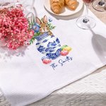 Gepersonaliseerde Schattig Konijn Blauw Wit Porseleinen Patroon Paasei Theedoek met Tekst Dagelijks Gebruik Paasgeschenk voor Familie Vrienden