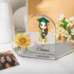 Personlig födelseblomma tecknad karaktär hjärtformad akrylplatta med namn skrivbordsdekoration examen födelsedagspresent för akademiker