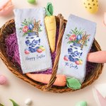 Gepersonaliseerde Schattig Konijn Blauw Wit Porseleinen Patroon Paasei Theedoek met Tekst Dagelijks Gebruik Paasgeschenk voor Familie Vrienden