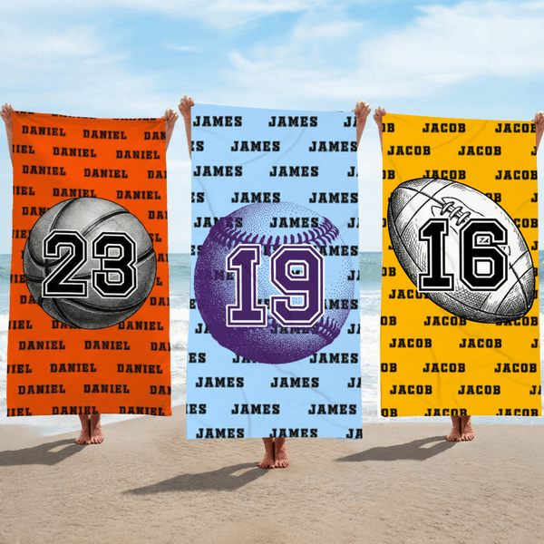 Personalized Retro Ball Sports Oversized Quick Dry Beach Towel with Name Summer Vacation Accessory Birthday Gift for Ball Sports Lovers Friends