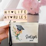 Cadeau de fin d'études personnalisé avec fleur de naissance, bonnet de fin d'études, trousse de maquillage avec nom, année et dragonne Cadeau de fin d'études