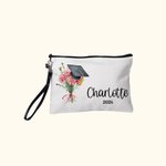 Cadeau de fin d'études personnalisé avec fleur de naissance, bonnet de fin d'études, trousse de maquillage avec nom, année et dragonne Cadeau de fin d'études