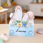 Personlig presentask med handtag och namn med söta blommor och kaninöron Påskfestgåva till barn
