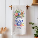 Gepersonaliseerde Schattig Konijn Blauw Wit Porseleinen Patroon Paasei Theedoek met Tekst Dagelijks Gebruik Paasgeschenk voor Familie Vrienden