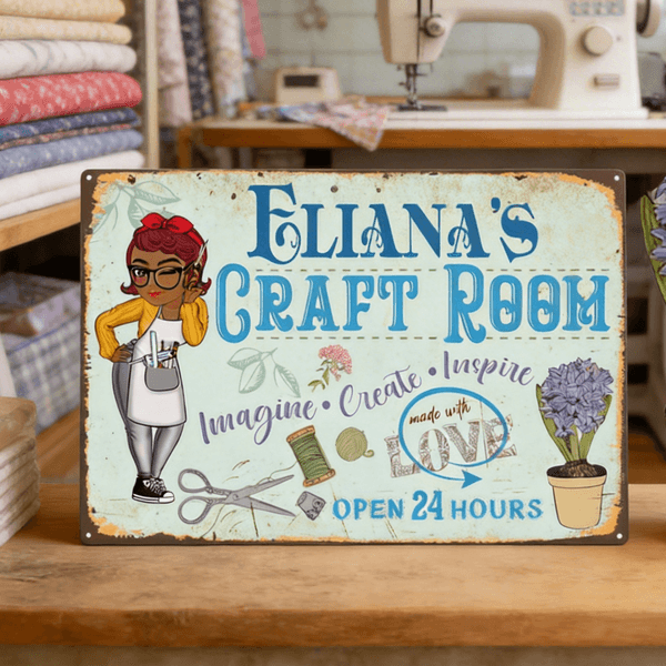 Personalized Retro Craft Room Character Metal Sign with Name Wall Decor Housewarming Birthday Gift for Women Sewing Lovers