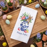Gepersonaliseerde Schattig Konijn Blauw Wit Porseleinen Patroon Paasei Theedoek met Tekst Dagelijks Gebruik Paasgeschenk voor Familie Vrienden