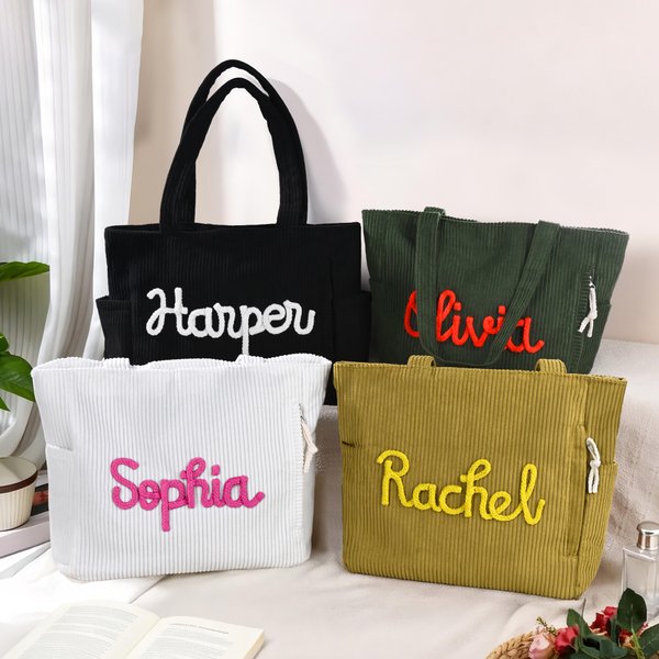 Gepersonaliseerde Multicolor Grote Capaciteit Corduroy Tote Bag met Winding Naam Reizen Essentieel Verjaardagscadeau voor vrouwen