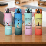 Personalized Cartoon Pilates Character Leakproof 32 oz Water Bottle with Name and Time Marker Sport Accessories Birthday Gift for Woman Pilates Lovers