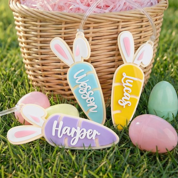 Personalisierte Multicolor Hasenohren Karotte Acryl Korb Namensschild Frühling Party Gunst Ostern Geschenk für Jungen Mädchen
