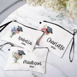Cadeau de fin d'études personnalisé avec fleur de naissance, bonnet de fin d'études, trousse de maquillage avec nom, année et dragonne Cadeau de fin d'études