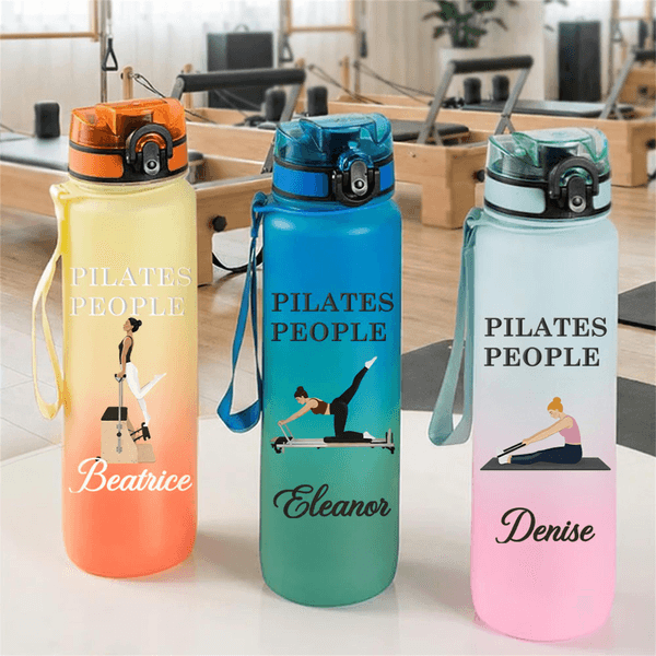 Personalized Cartoon Pilates Character Leakproof 32 oz Water Bottle with Name and Time Marker Sport Accessories Birthday Gift for Woman Pilates Lovers