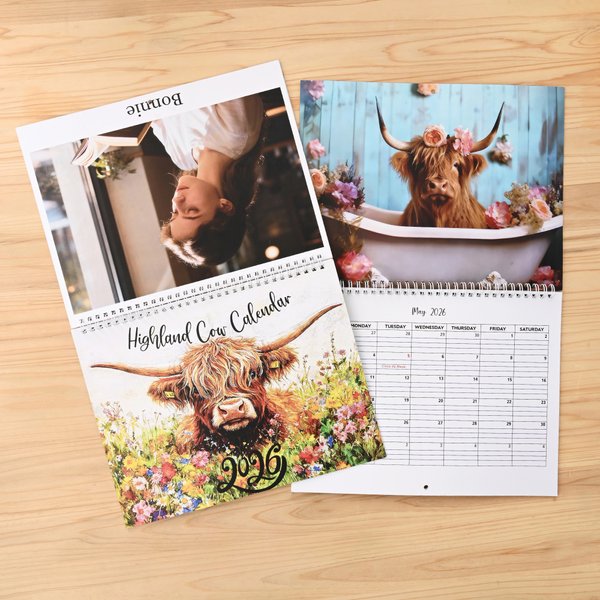 Personalised 1-4 Photos 2026 Floral Highland Cow Calendar with Text Anniversary Birthday Gift for Highland Cow Lovers