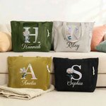 Sac en velours côtelé personnalisé avec fleur de naissance nom et initiale - Sac de grande capacité - Cadeau d'anniversaire pour elle