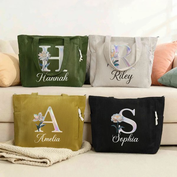 Sac en velours côtelé personnalisé avec fleur de naissance nom et initiale - Sac de grande capacité - Cadeau d'anniversaire pour elle