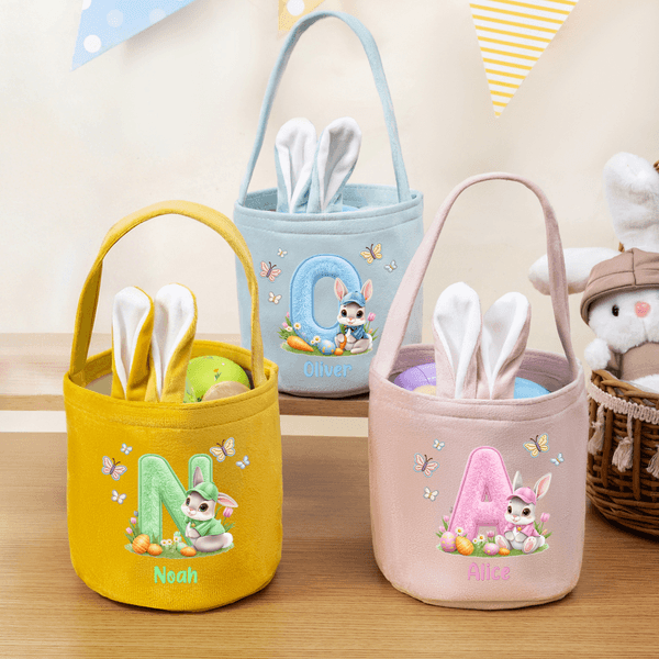Personalized Cute Bunny Initial Butterfly Easter Basket with Name Eggs Hunting Party Easter Gift for Kids
