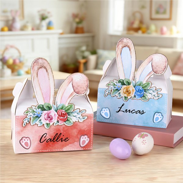 Personalized Cute Flower Bunny Ears Gift Box with Handle and Name Easter Party Gift for Kids