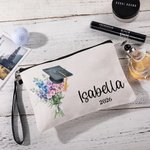 Cadeau de fin d'études personnalisé avec fleur de naissance, bonnet de fin d'études, trousse de maquillage avec nom, année et dragonne Cadeau de fin d'études