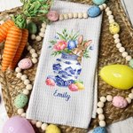 Gepersonaliseerde Schattig Konijn Blauw Wit Porseleinen Patroon Paasei Theedoek met Tekst Dagelijks Gebruik Paasgeschenk voor Familie Vrienden