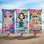 Personalizzato Cartoon Vacation Character Coconut Tree Asciugatura rapida Asciugamano da spiaggia sovradimensionato con nome Festa in spiaggia Regalo di compleanno per amici e famiglia
