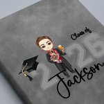 Personalized Cartoon Graduate Character Leather Cover Notebook with Name Portable Graduation Travel Essentials Gift for Women