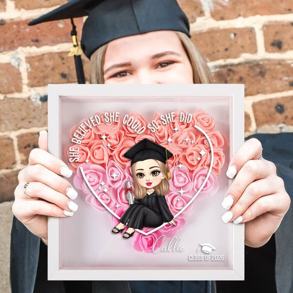 Personalized Cartoon Graduate Love Paper Flower Shadow Box Frame with Name Home Decor Graduation Keepsake Gift for Women