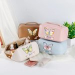 Watercolor Butterfly Floral Leather Wide Opening Makeup Bag with Name Portable Travel Accessories Birthday Bridesmaid Gift for Women